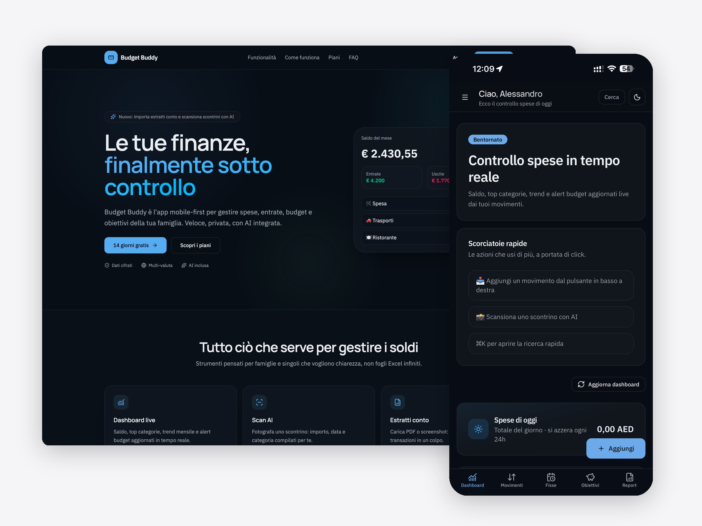 Budget Buddy website and the app dashboard on a phone