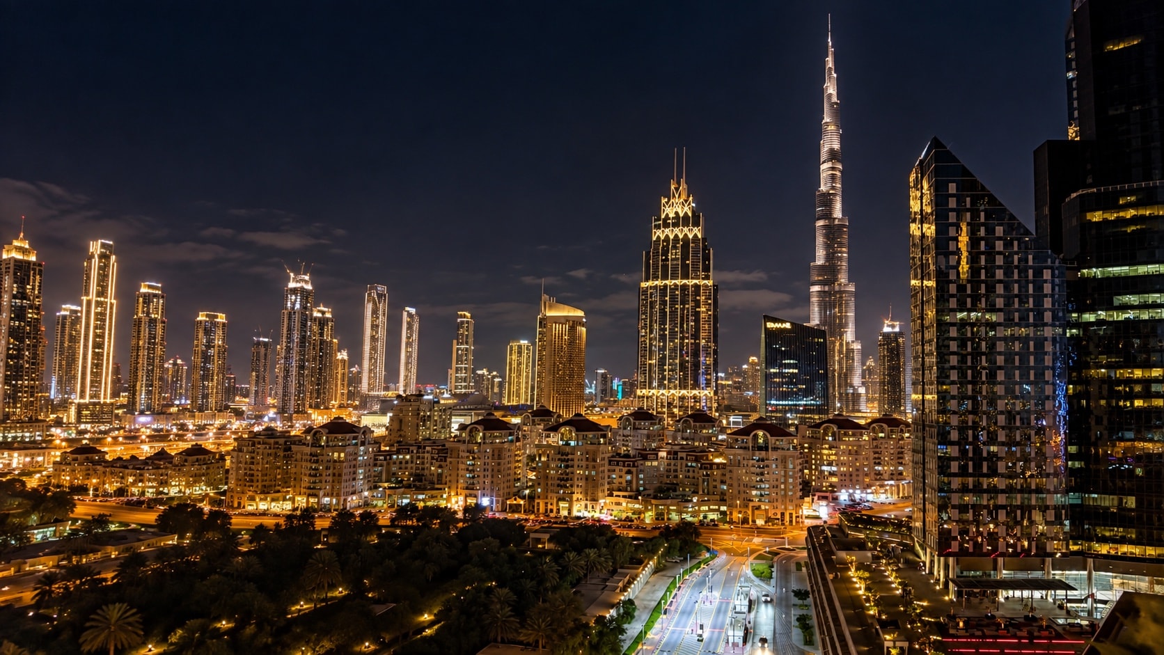 Downtown Dubai skyline and the Burj Khalifa at night